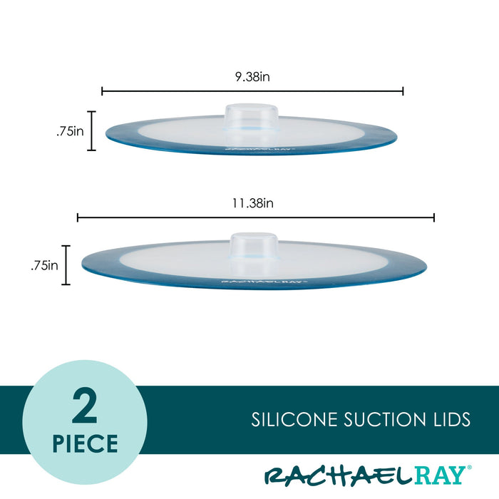 The 2-Piece Silicone Suction Lid Set includes two blue lids, measuring 9.38 inches and 11.38 inches in diameter, that provide a durable and airtight seal for maintaining optimal freshness. These versatile lids are clearly labeled for convenient identification.
