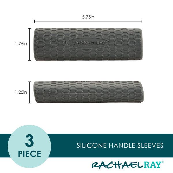 The 3-Piece Silicone Sleeve Set by Rachael Ray includes three kitchen accessories with non-slip silicone handle sleeves in two different sizes, providing a secure grip to make cooking safer and more enjoyable.