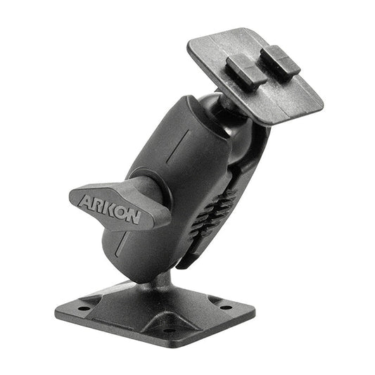 The 4-Hole AMPS Car or Wall Mount - Dual-T Compatible features a black adjustable arm, base plate, and rectangular mounting pad for securely holding devices or equipment as an adjustable pedestal mount.