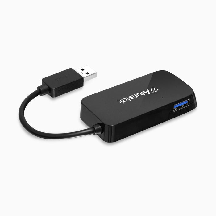 Black USB 3.0 hub with attached cable and blue USB-A port