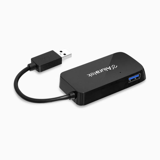 Black USB 3.0 hub with attached cable and blue USB-A port