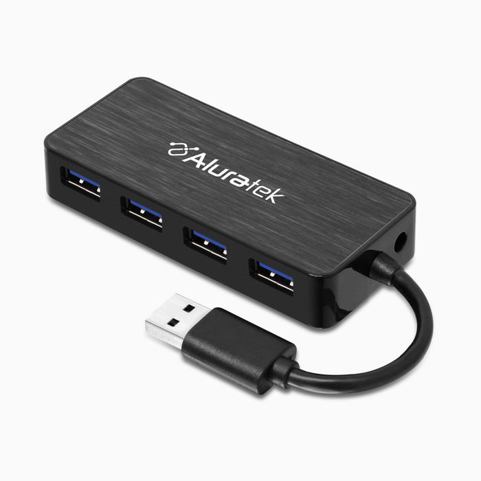 Black 4-port USB 3.0 hub with four blue USB 3.0 ports and attached USB cable