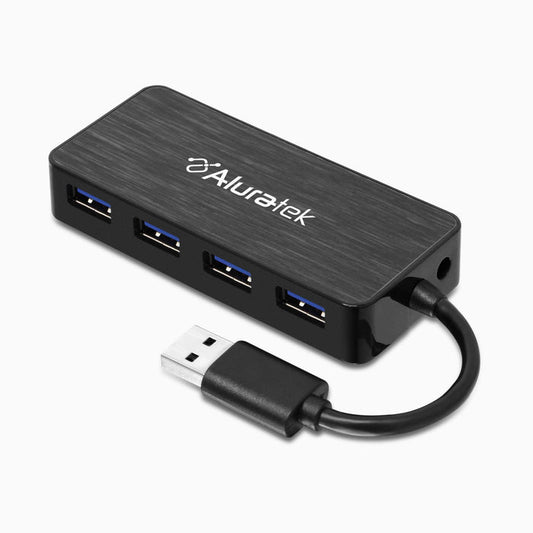 Black 4-port USB 3.0 hub with four blue USB 3.0 ports and attached USB cable