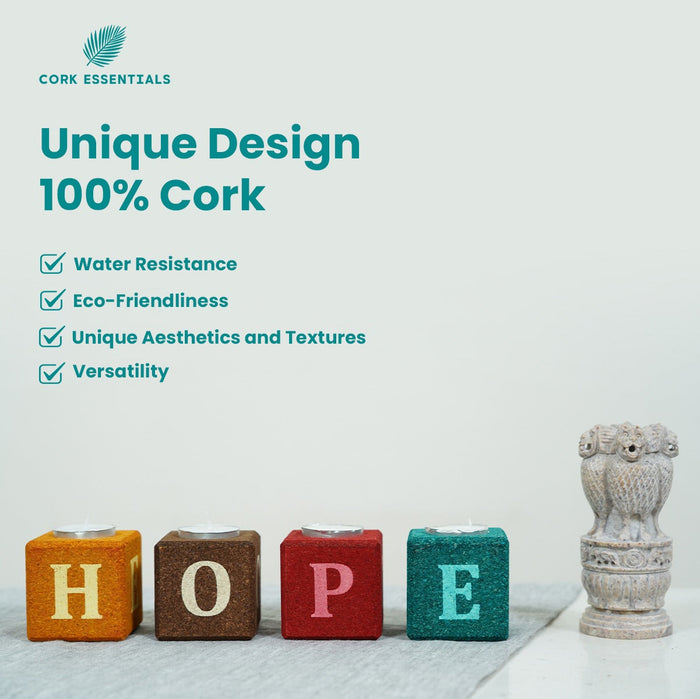 Cork blocks spelling 'HOPE' with cork essential branding and product features listed.