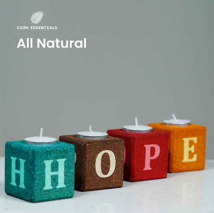 Colorful blocks with letters spelling 'HOPE' and cork brand logo on a gray background