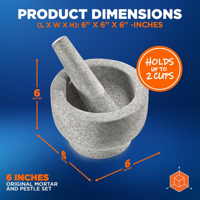 6'' Original Mortar And Pestle Set - Heavy Duty Unpolished Granite, 2 Cups Capacity