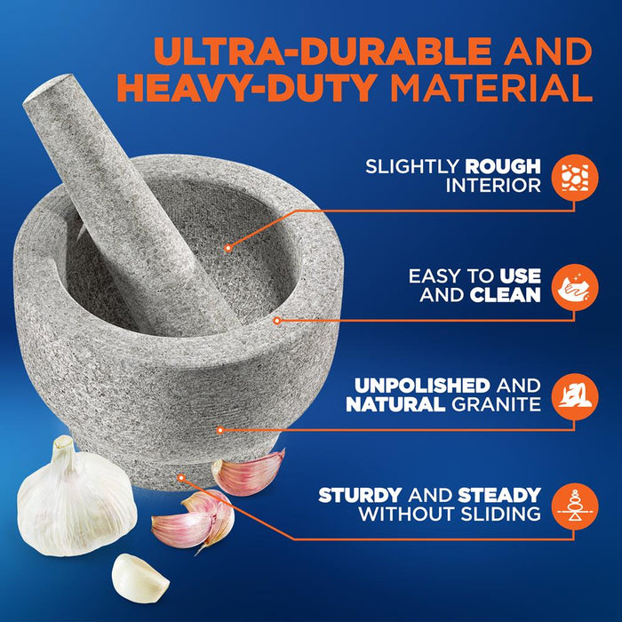 6'' Original Mortar And Pestle Set - Heavy Duty Unpolished Granite, 2 Cups Capacity