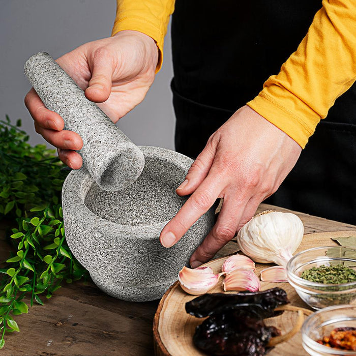 6'' Original Mortar And Pestle Set - Heavy Duty Unpolished Granite, 2 Cups Capacity