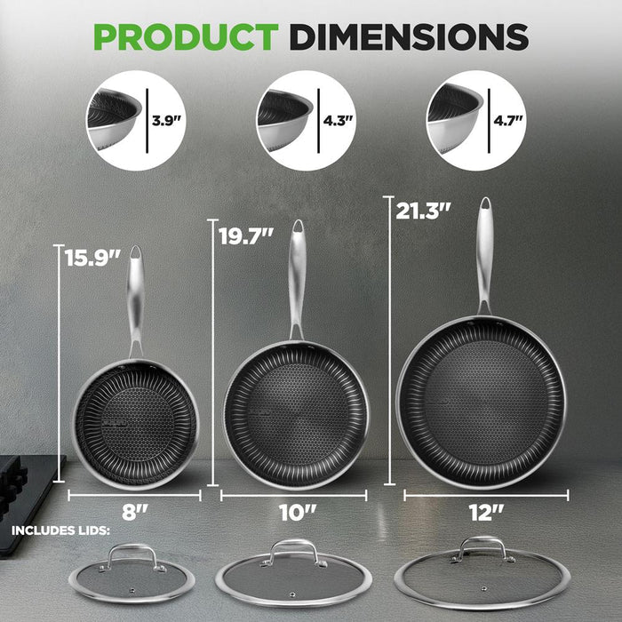 6-Piece Non-Stick Frying Pan Set, Quick Heat, Tri-Ply Stainless Steel
