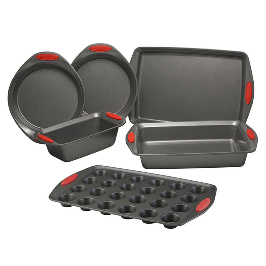 A 6-piece nonstick bakeware set featuring dark gray pans with red silicone handles provides an assortment of shapes, ensuring your culinary creations are oven safe. Ideal for those looking to add Rachael's high-quality bakeware to their kitchen collection.