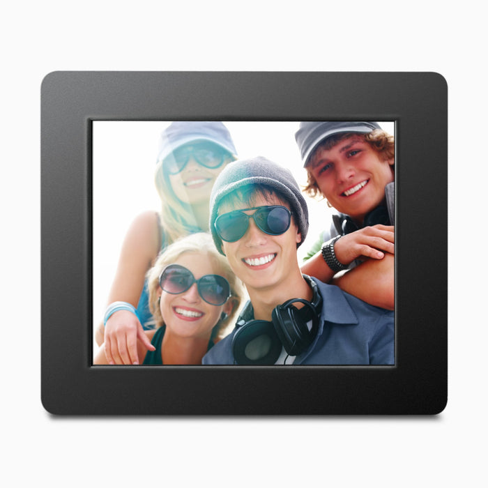 Black digital photo frame showing a group photo