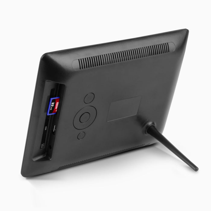 Black digital photo frame back with speaker grille and power port