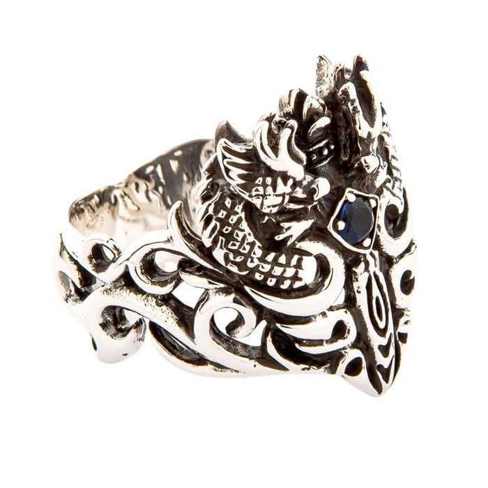 Detailed side angle of 925 silver dragon sword ring displaying hand-carved scales and flowing design