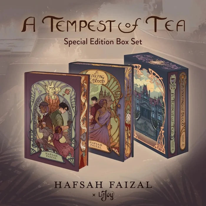 A Tempest of Tea Special Edition Box Set by Hafsah Faizal x LitJoy Crate — three Art Nouveau-illustrated hardcover books featuring A Tempest of Tea and A Steeping of Blood with ornate fantasy cover art