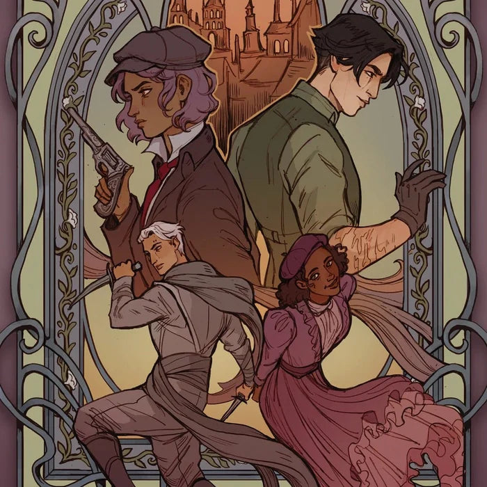 A Tempest of Tea Special Edition character art print — four illustrated characters in period fantasy attire within an ornate Art Nouveau iron gate frame: a lavender-haired figure with a revolver, a dark-haired man, a white-haired youth with a dagger, and a young woman in a Victorian gown, with a castle cityscape background, by Hafsah Faizal x LitJoy Crate