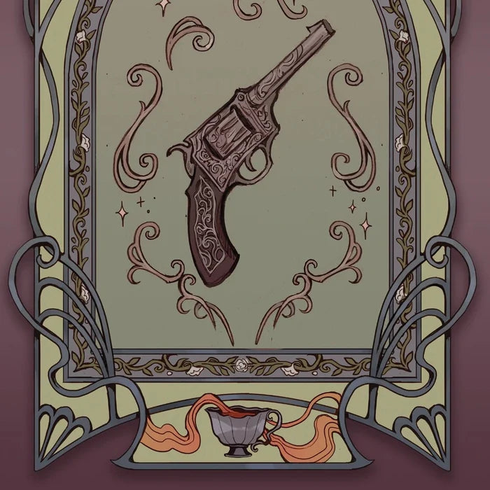 A Tempest of Tea Special Edition art print featuring an ornate engraved revolver with swirl and sparkle motifs on a sage green background, framed by an Art Nouveau dark iron border with a teacup and flowing liquid motif at the bottom, by Hafsah Faizal x LitJoy Crate