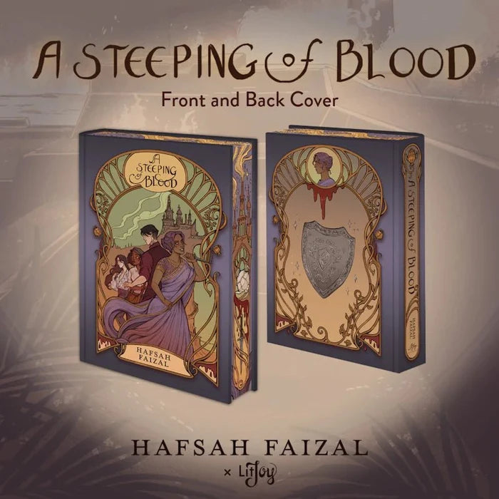 A Steeping of Blood Special Edition hardcover book showing front and back cover — front features a woman in a lavender sari with two other characters against a castle backdrop in an Art Nouveau gold border, back displays a heraldic silver shield with a dripping silhouette cameo, by Hafsah Faizal x LitJoy Crate