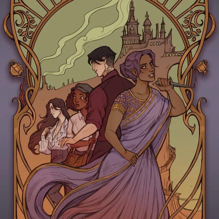 A Steeping of Blood Special Edition character art print — four illustrated characters in an ornate Art Nouveau gold frame with a misty gothic castle background: a lavender-haired woman in a blue sari holding a dagger leads, flanked by a dark-haired man in burgundy, a curly-haired woman in a cap, and a long-haired woman, by Hafsah Faizal x LitJoy Crate