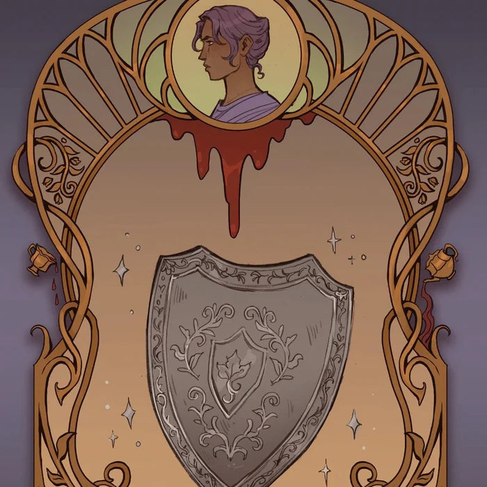 A Steeping of Blood Special Edition art print featuring a silver heraldic shield with botanical engravings and sparkle motifs, topped by a circular portrait of a lavender-haired figure with dripping blood, all within an ornate Art Nouveau gold frame with lantern accents, by Hafsah Faizal x LitJoy Crate