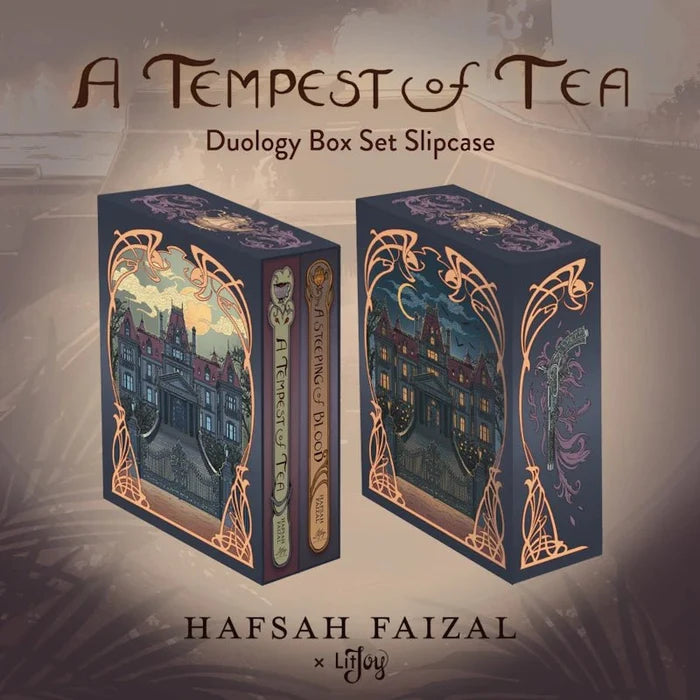 A Tempest of Tea Duology Special Edition Box Set Slipcase by Hafsah Faizal x LitJoy Crate — two dark navy slipcases with copper Art Nouveau borders featuring Victorian gothic mansion illustrations, one in daytime and one at night, with book spines reading A Tempest of Tea and A Steeping of Blood