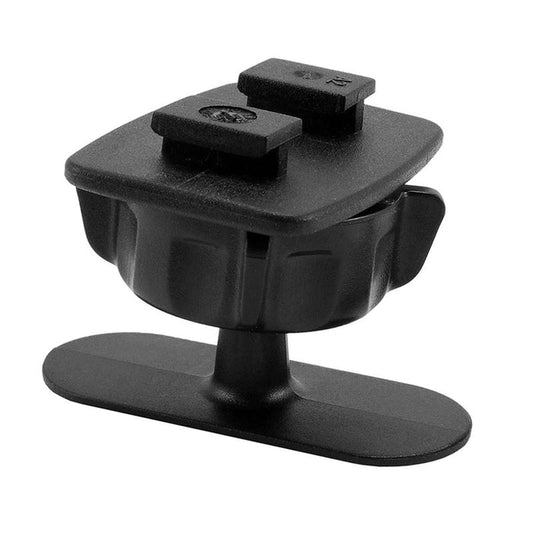 The Adhesive Car Mounting Pedestal - Dual-T Compatible is a black plastic adjustable mount with a rectangular base and square, slotted top, ideal for securing small devices or accessories in cars or trucks.