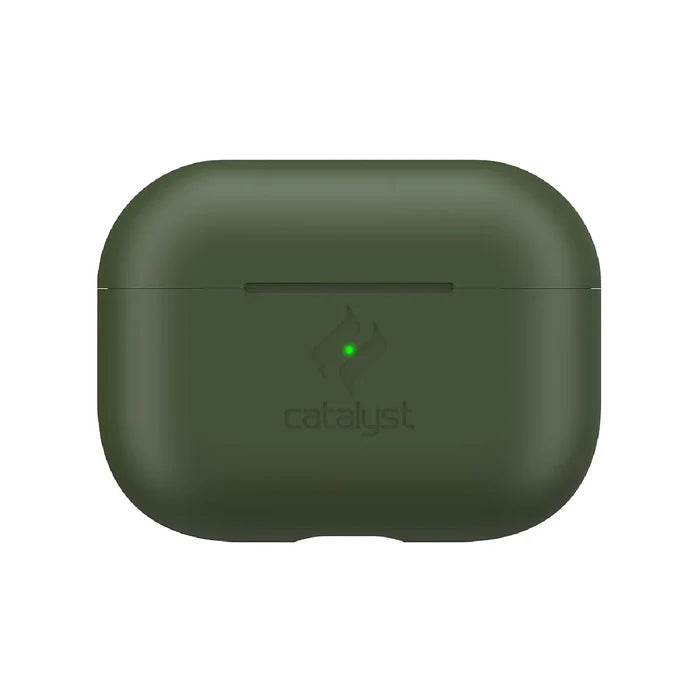 The Army Green Catalyst Case US AirPods Pro (Gen 2/1) Slim Case, an oval-shaped protective cover featuring "catalyst" and a flame logo on the front plus a green LED indicator above, is displayed against a white background.
