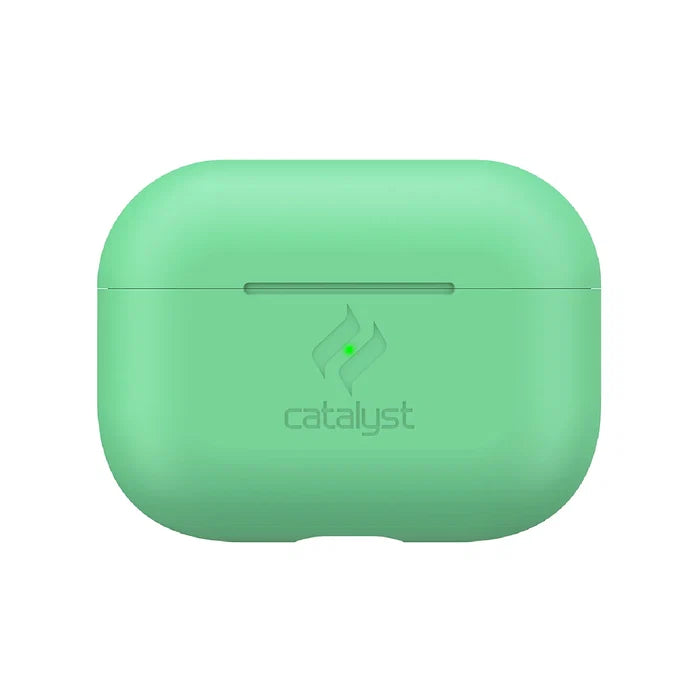 A mint green Catalyst Case US Slim Case for AirPods Pro (Gen 2/1) is shown closed on a white background, featuring rounded edges, a centered front logo, and a visible horizontal seam marking the lid.