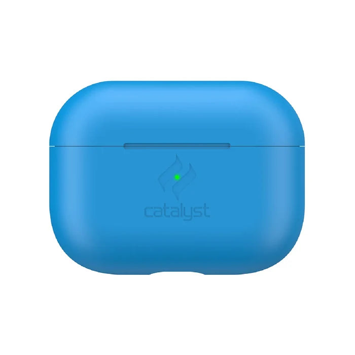 A Neon Blue Catalyst Case US Slim Case for AirPods Pro (Gen 2/1) with rounded edges, a horizontal seam, LED indicator, and embossed logo is shown against a white background.