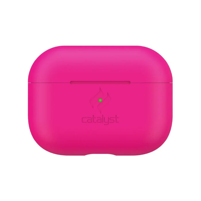A Neon Pink Catalyst Case US AirPods Pro (Gen 2/1) Slim Case is displayed on a white background, featuring rounded edges, a horizontal seam, a small green indicator light, and the embossed Catalyst logo on the front.