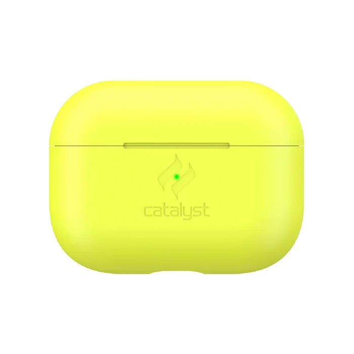 A neon yellow Catalyst Case US Slim Case for AirPods Pro (Gen 2/1), shown closed with a centered embossed logo and LED indicator above it. The solid white background highlights its rugged, vivid design for wireless earbuds.