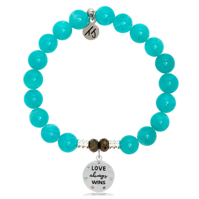 Aqua Amazonite Stone Bracelet with Love Always Wins Sterling Silver Charm