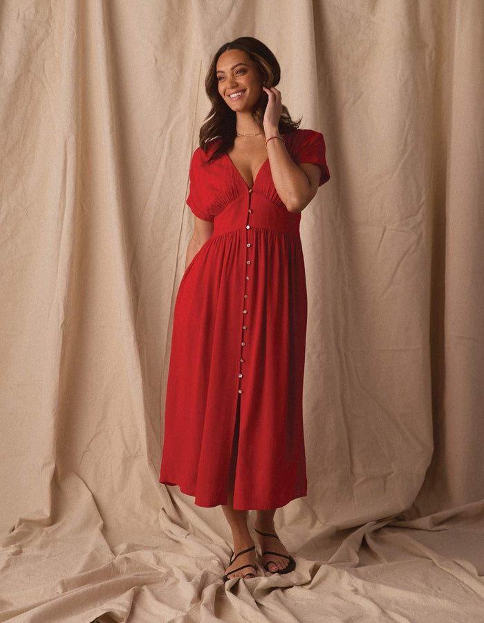Aria Crepe Midi Dress - Poppy Red - Molly + Kate