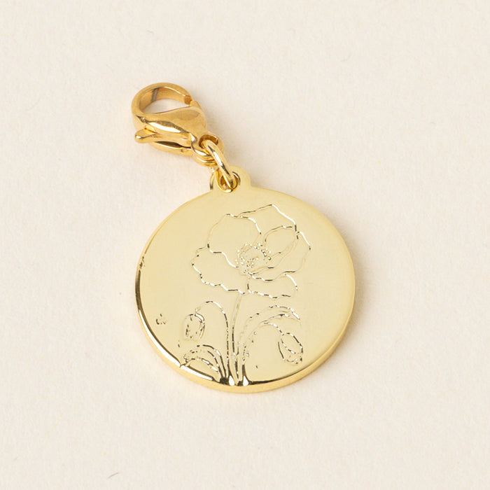 The-darling-effect August Jewelry Birth Flower Charm Gold features a gold round charm with lobster clasp and engraved floral outline on a smooth, shiny surface—a meaningful, elegant accessory. Displayed on a light background.