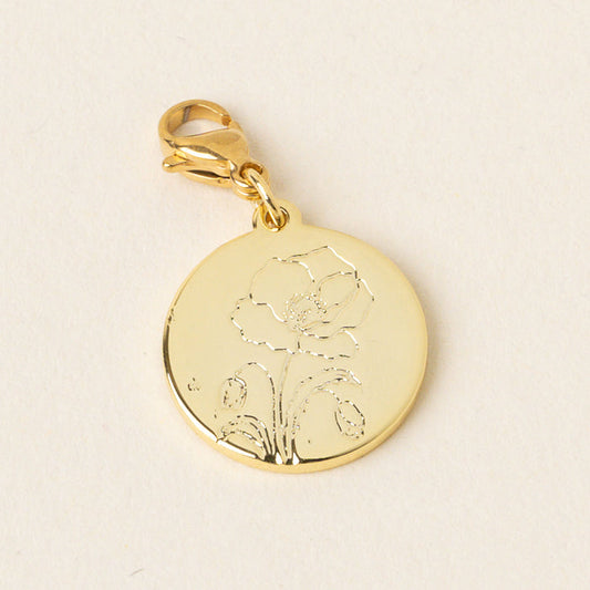 The-darling-effect August Jewelry Birth Flower Charm Gold features a gold round charm with lobster clasp and engraved floral outline on a smooth, shiny surface—a meaningful, elegant accessory. Displayed on a light background.