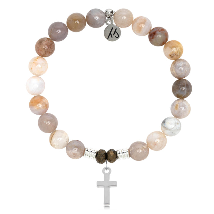 Australian Agate Stone Bracelet with Cross Sterling Silver Charm