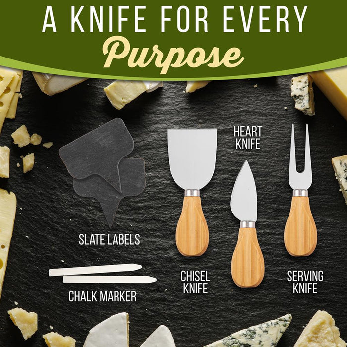 Bamboo Cheese Board Set, Extra Large, 13" Round, Includes Knives & Bowls