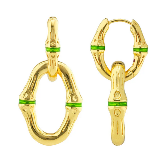 Bangkok Bamboo Link Earrings - Gold/Green Enamel