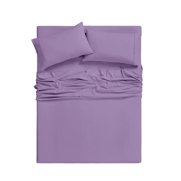 Purple bedding set with a fitted sheet and two pillowcases on a white background