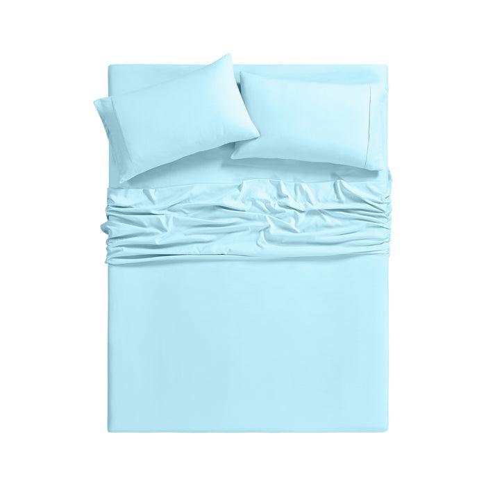 Light blue bedding set with a fitted sheet, duvet cover, and two pillows on a white background.