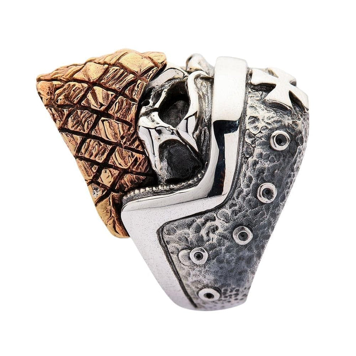 Biker skull ring, highlighting the detailed Maltese cross on the helmet.