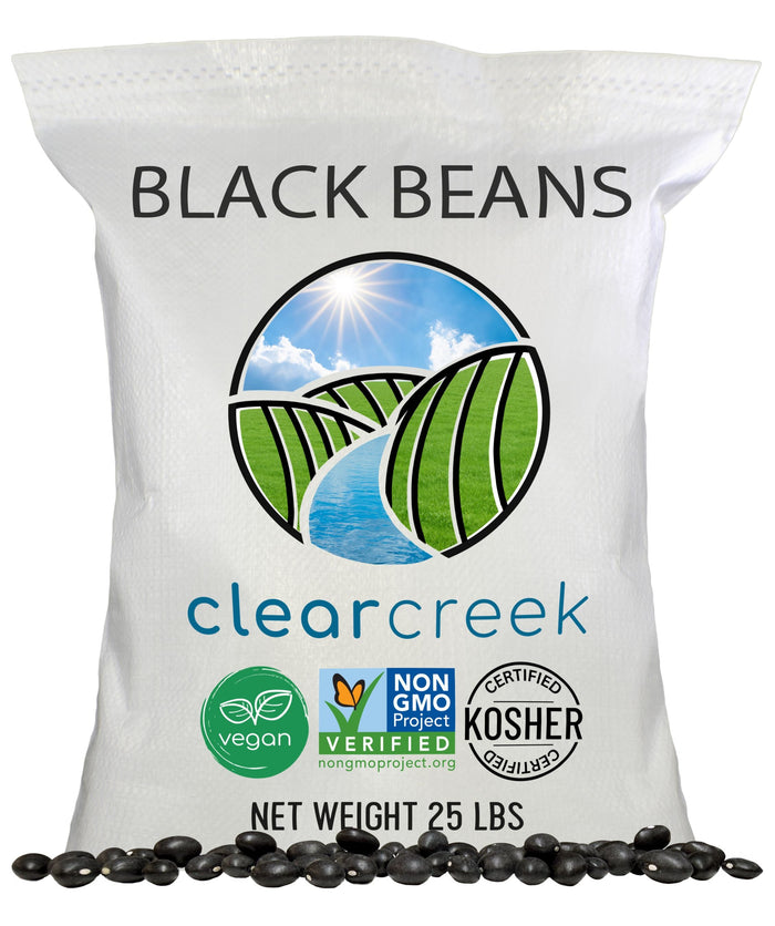 Clear Creek Black Beans in a 25 lb bag on a white background