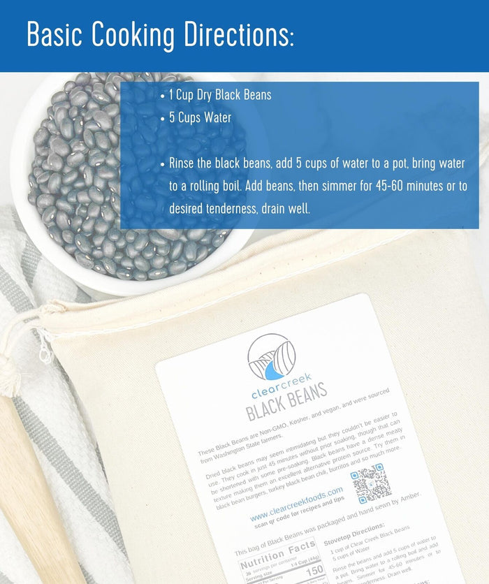 Clear Creek Black Beans lifestyle image with a bowl of beans and a card of basic cooking directions