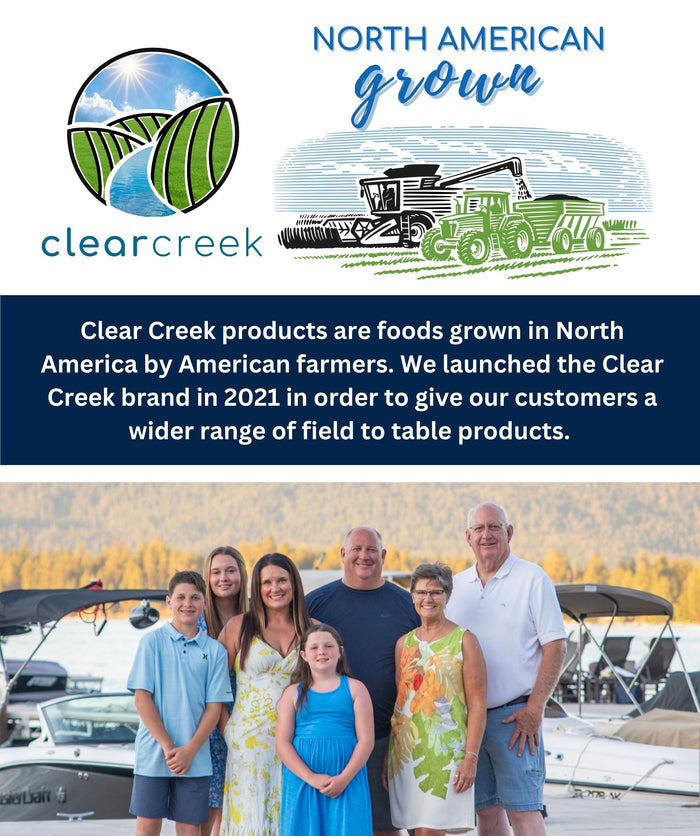 Clear Creek 'North American Grown' brand story card featuring the founding family and text about foods grown by American farmers