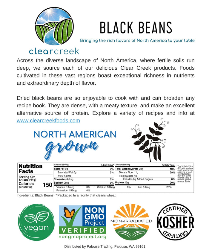 Clear Creek Black Beans product information card with description, nutrition facts, North American Grown seal, and vegan and Kosher certifications