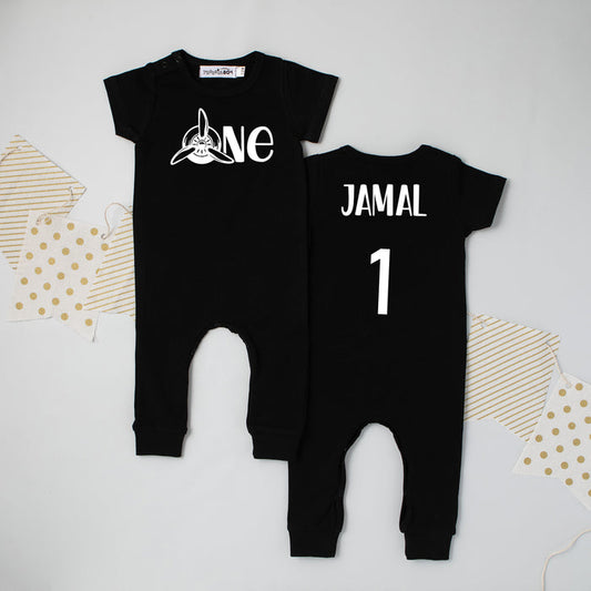 Black "One" Airplane Slim Fit 1st Birthday Romper