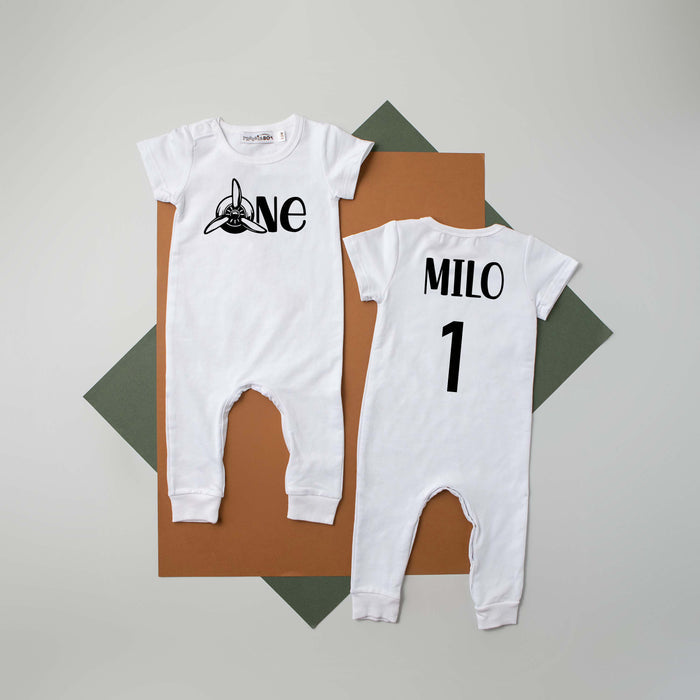 Black "One" Airplane Slim Fit 1st Birthday Romper