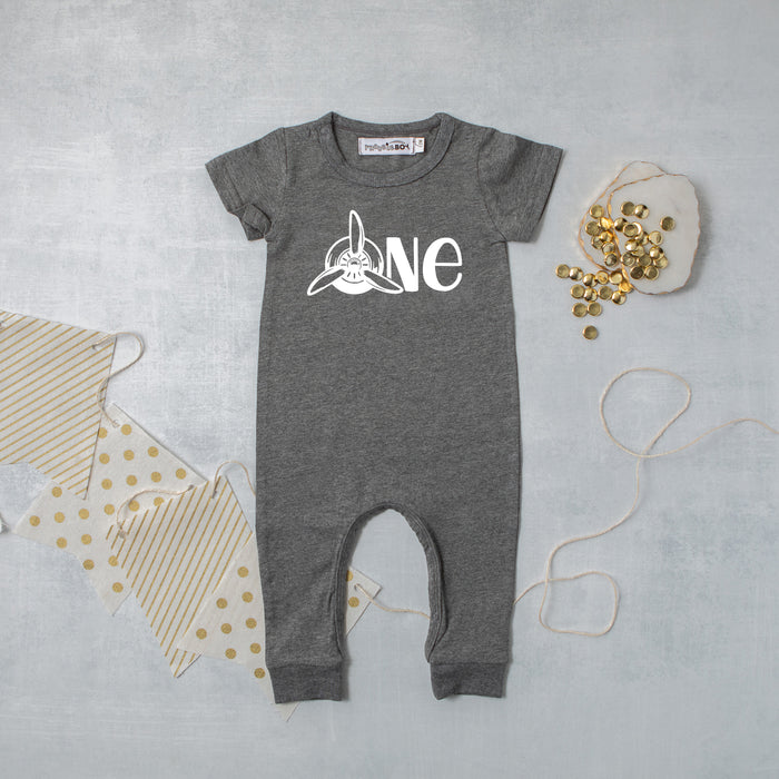Black "One" Airplane Slim Fit 1st Birthday Romper