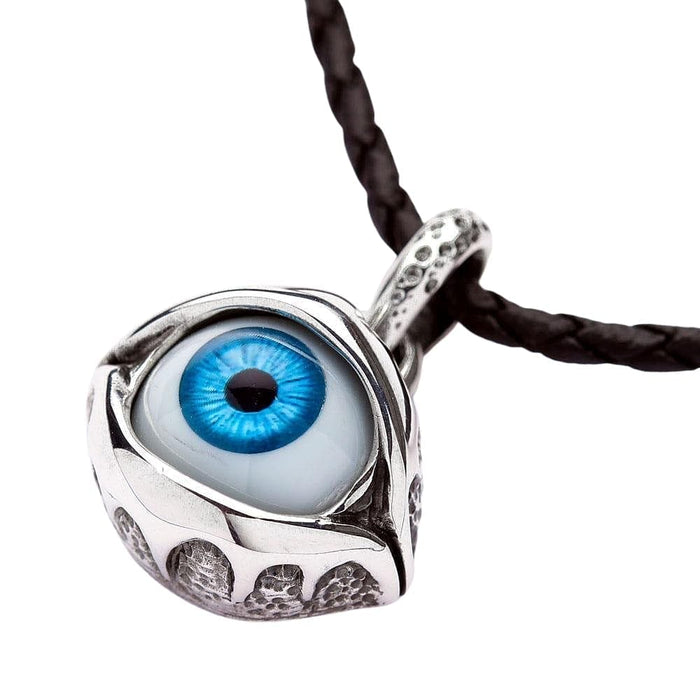 A complete gothic blue eye necklace, featuring a realistic eyeball pendant made from sterling silver.
