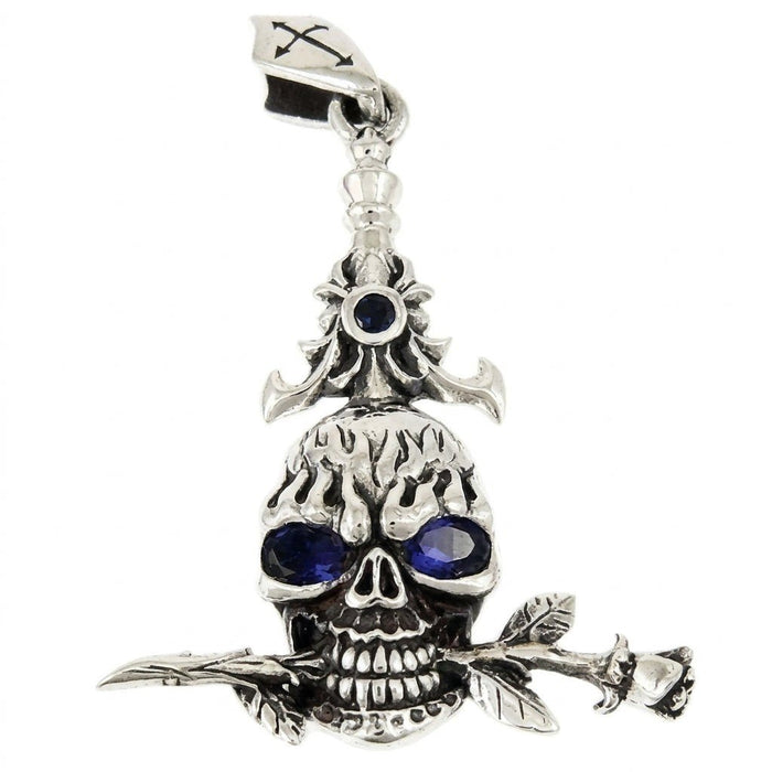 Front view of sterling silver biker pendant showing a skull with blue cubic zirconia eyes and a rose below the jaw.