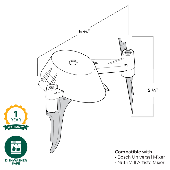 Technical illustration of the NutriMill bowl scraper attachment with warranty and care information